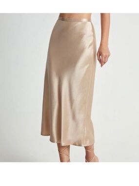 Nati boutique Cream Satin Midi Skirt with Side Slit , Small